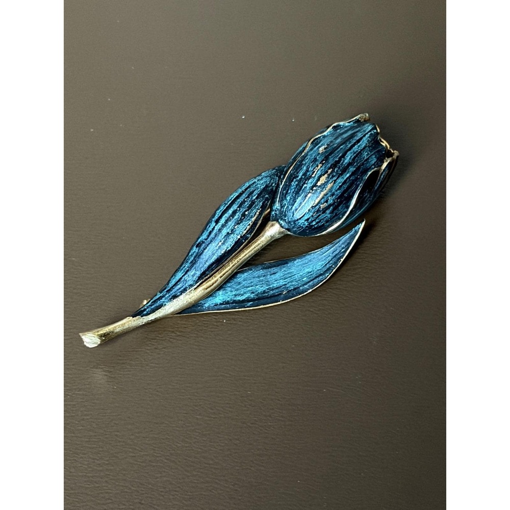 Vintage Blue Enamel Tulip Flower Brooch Gold Tone Textured Floral Pin 3 1/8"